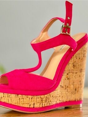 Pink Suede Cork Wedge Sandals - Women's Platform Heels